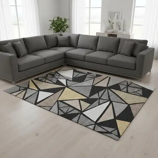 Black Beige And Ivory Geometric Washable Area Rug With UV Protection Photo 2