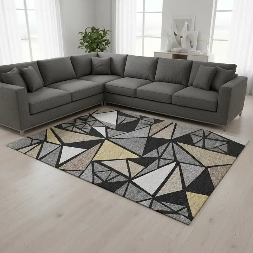 Black Beige And Ivory Geometric Washable Area Rug With UV Protection Photo 2