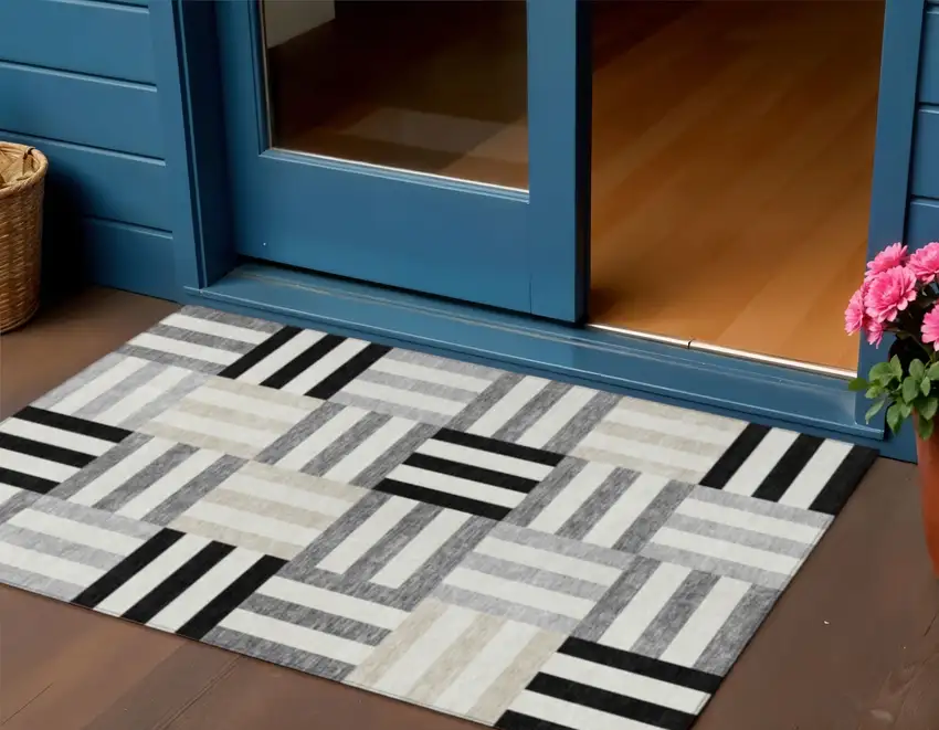 Black Beige And Ivory Geometric Washable Indoor Outdoor Area Rug Photo 1