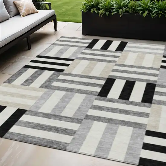 Black Beige And Ivory Geometric Washable Indoor Outdoor Area Rug Photo 1
