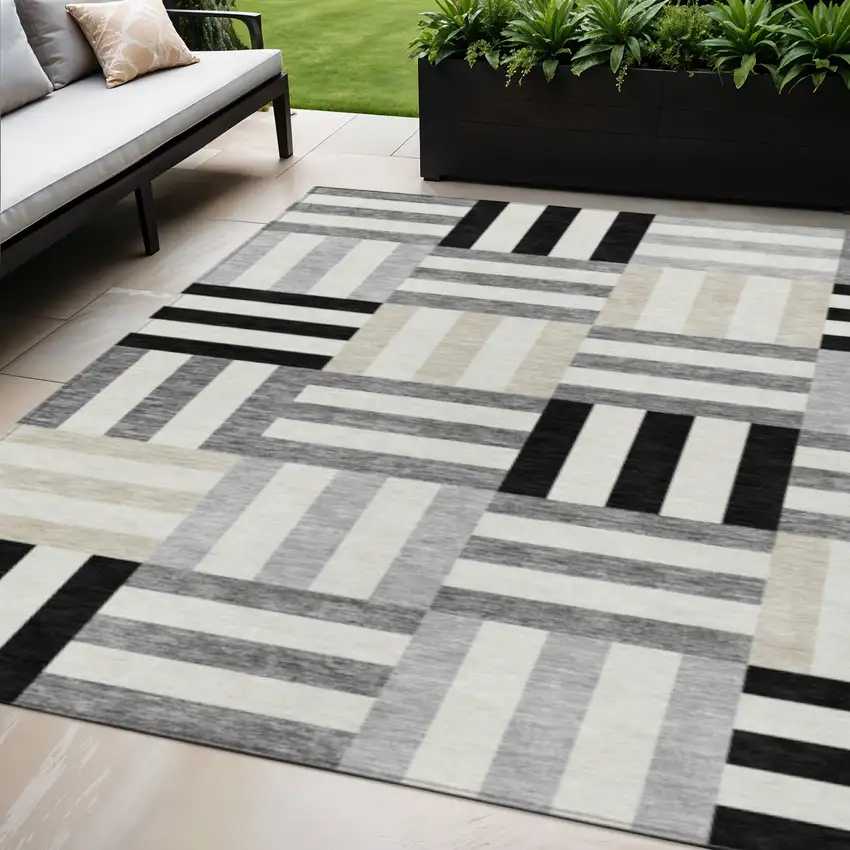 Black Beige And Ivory Geometric Washable Indoor Outdoor Area Rug Photo 1