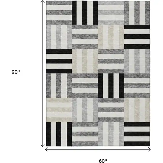 Black Beige And Ivory Geometric Washable Indoor Outdoor Area Rug Photo 3