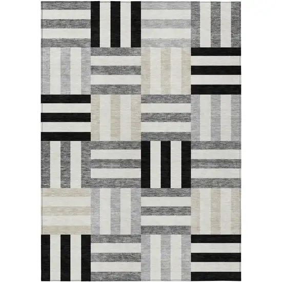 Black Beige And Ivory Geometric Washable Indoor Outdoor Area Rug Photo 2