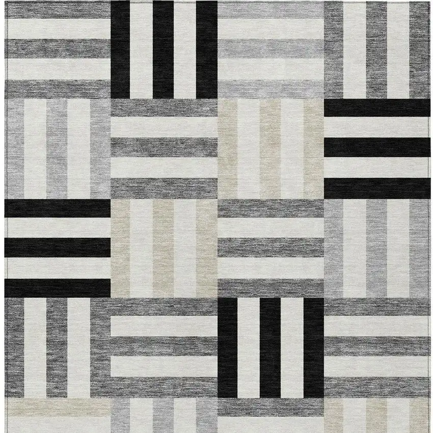 Black Beige And Ivory Geometric Washable Indoor Outdoor Area Rug Photo 4