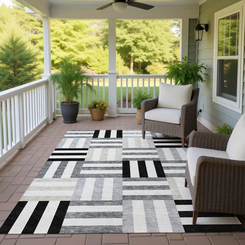 Black Beige And Ivory Geometric Washable Indoor Outdoor Area Rug Photo 9