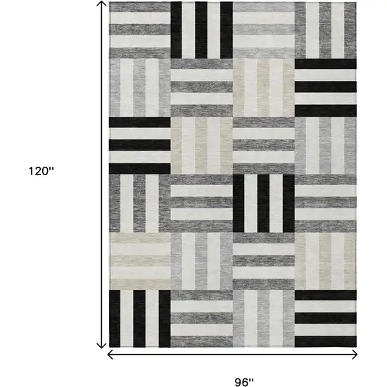 Black Beige And Ivory Geometric Washable Indoor Outdoor Area Rug Photo 3