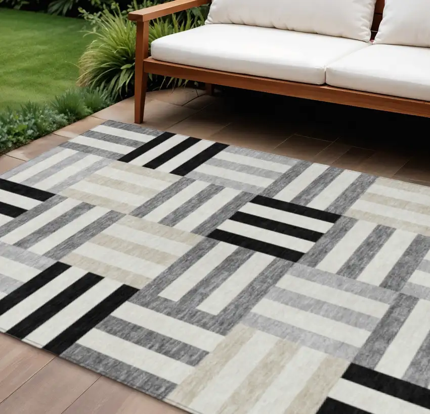 Black Beige And Ivory Geometric Washable Indoor Outdoor Area Rug Photo 1