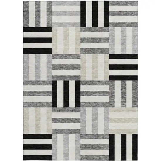 Black Beige And Ivory Geometric Washable Indoor Outdoor Area Rug Photo 4