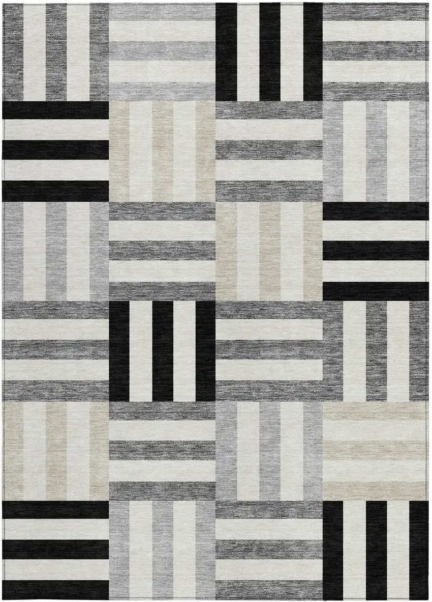 Black Beige And Ivory Geometric Washable Indoor Outdoor Area Rug Photo 4