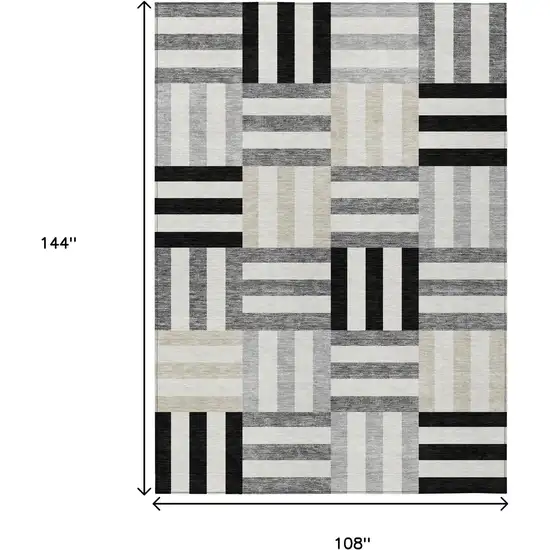 Black Beige And Ivory Geometric Washable Indoor Outdoor Area Rug Photo 3