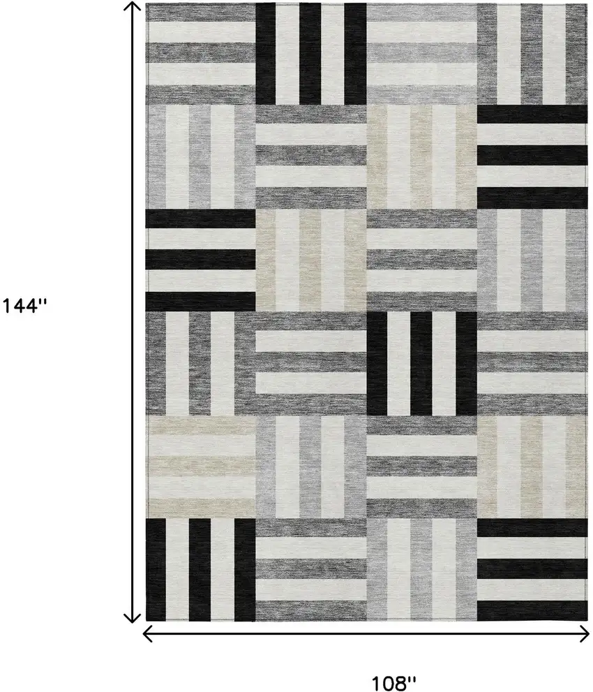 Black Beige And Ivory Geometric Washable Indoor Outdoor Area Rug Photo 3