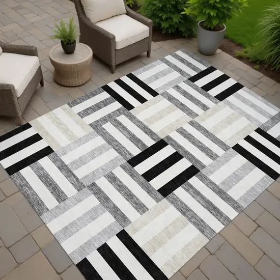 Black Beige And Ivory Geometric Washable Indoor Outdoor Area Rug Photo 8
