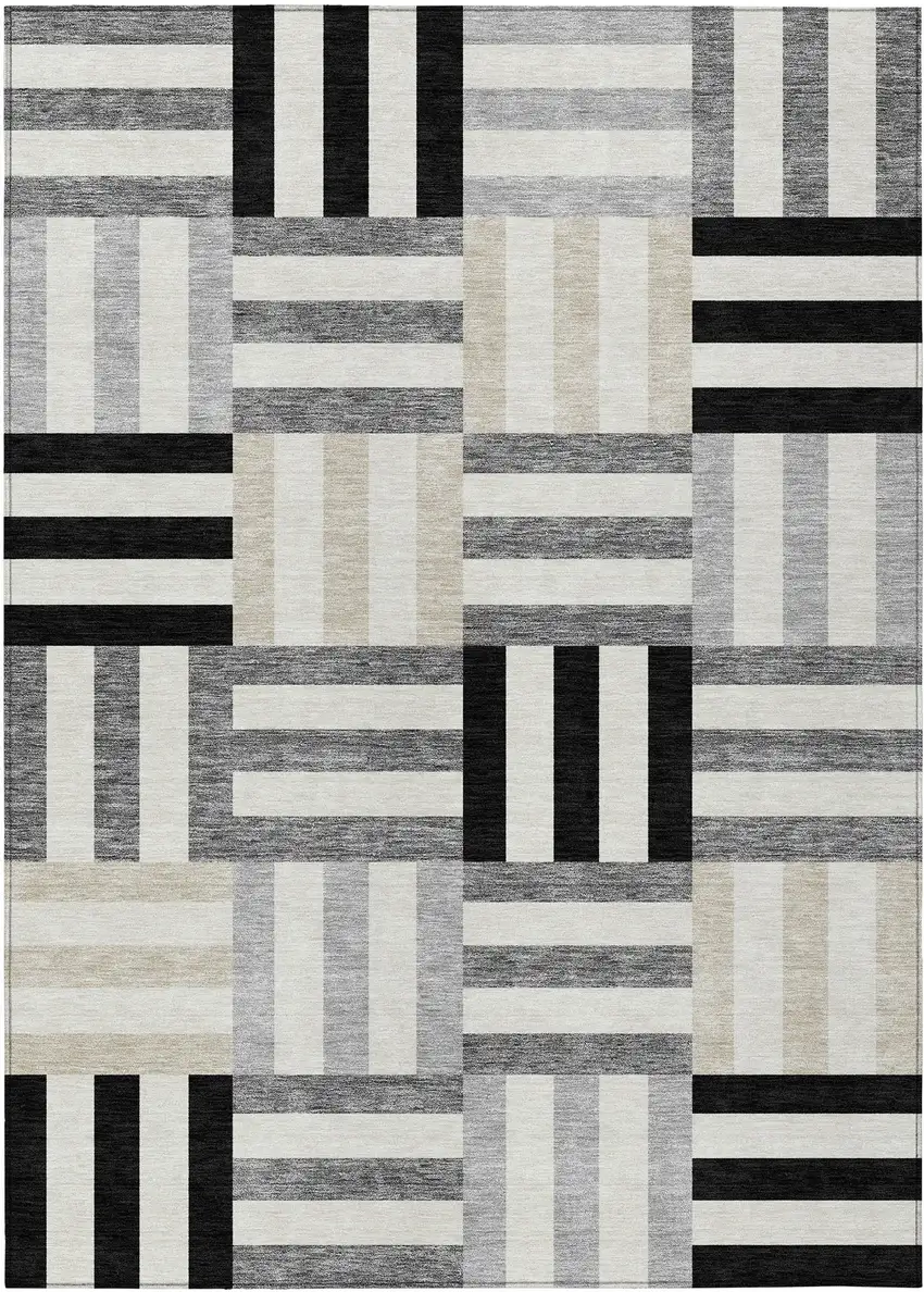 Black Beige And Ivory Geometric Washable Indoor Outdoor Area Rug Photo 2