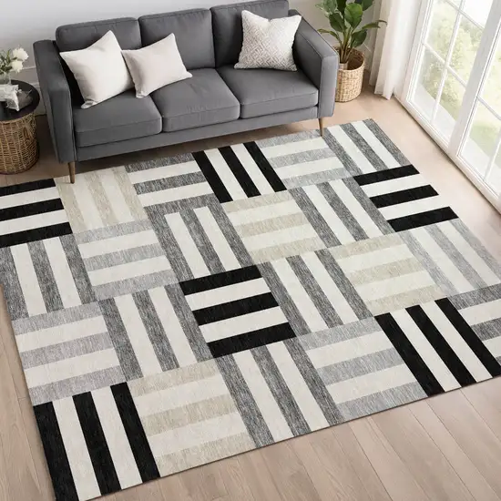 Black Beige And Ivory Geometric Washable Indoor Outdoor Area Rug Photo 9
