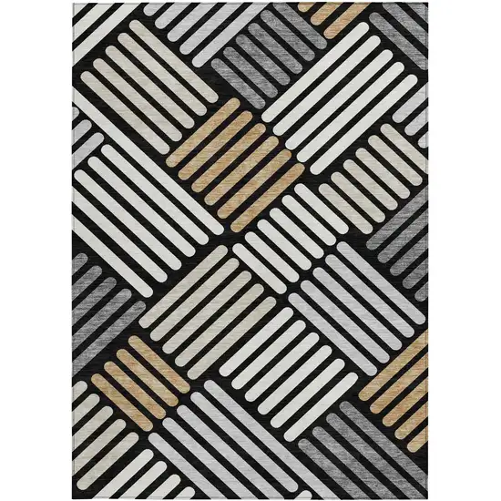 Black Beige And Ivory Geometric Washable Indoor Outdoor Area Rug Photo 4