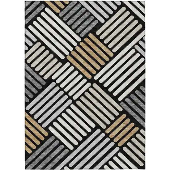 Black Beige And Ivory Geometric Washable Indoor Outdoor Area Rug Photo 2
