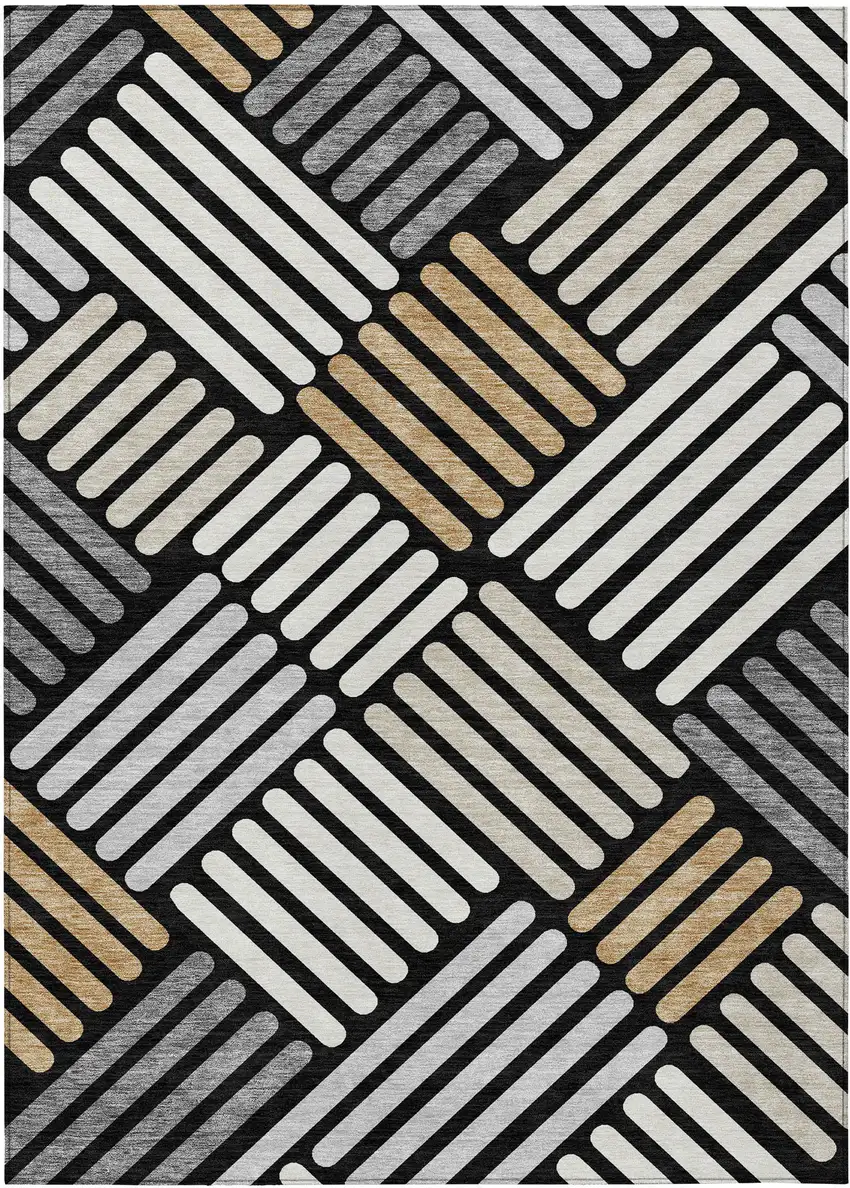 Black Beige And Ivory Geometric Washable Indoor Outdoor Area Rug Photo 2