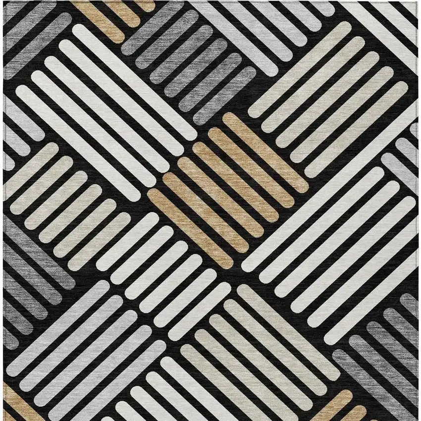 Black Beige And Ivory Geometric Washable Indoor Outdoor Area Rug Photo 6