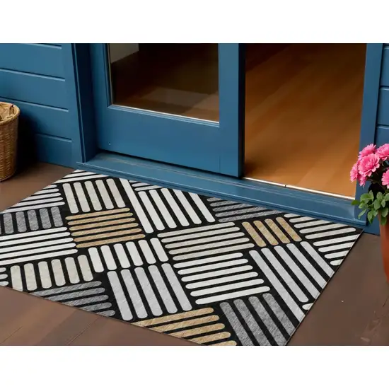 Black Beige And Ivory Geometric Washable Indoor Outdoor Area Rug Photo 1