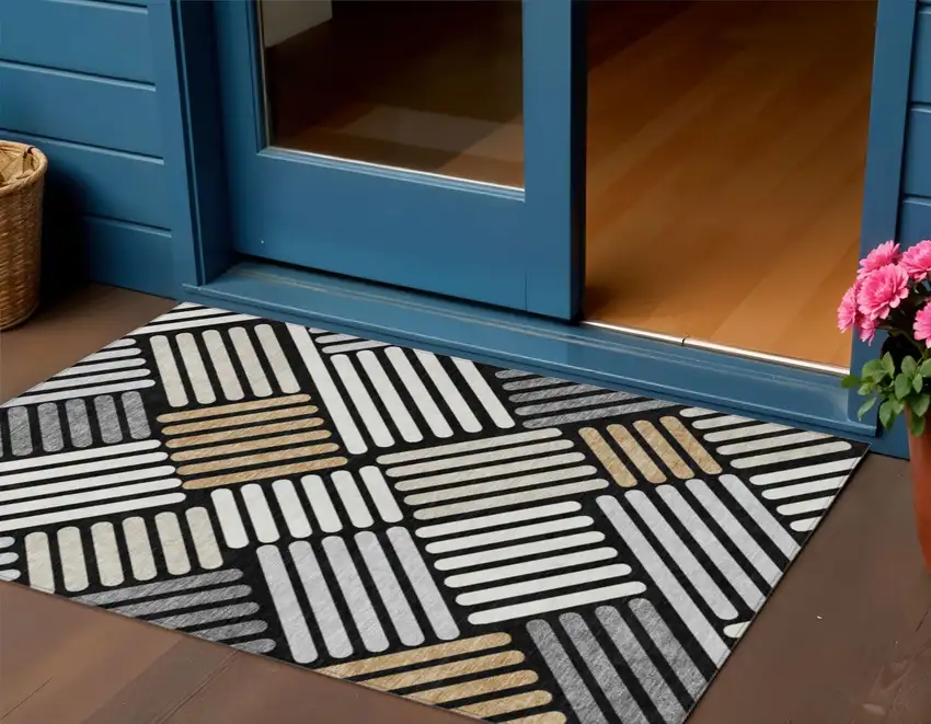 Black Beige And Ivory Geometric Washable Indoor Outdoor Area Rug Photo 1