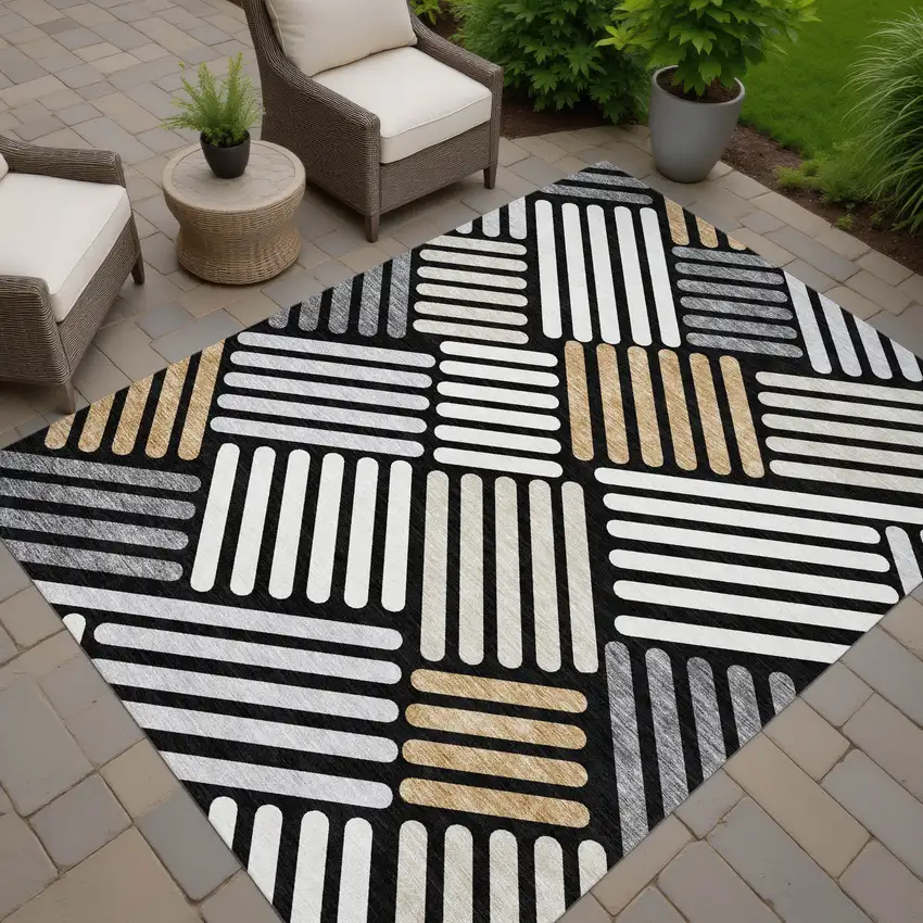 Black Beige And Ivory Geometric Washable Indoor Outdoor Area Rug Photo 9