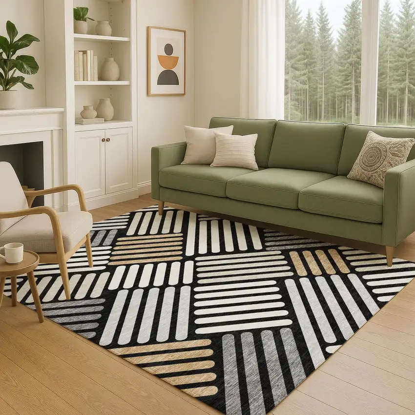 Black Beige And Ivory Geometric Washable Indoor Outdoor Area Rug Photo 9
