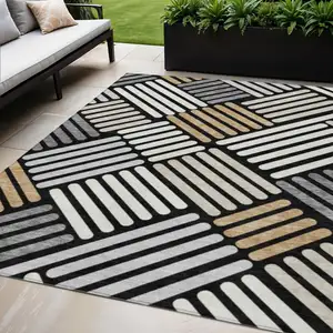 Photo of Black Beige And Ivory Geometric Washable Indoor Outdoor Area Rug