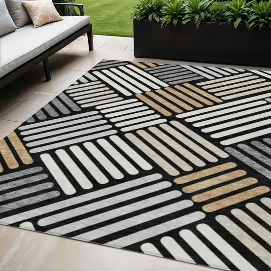 Black Beige And Ivory Geometric Washable Indoor Outdoor Area Rug Photo 1