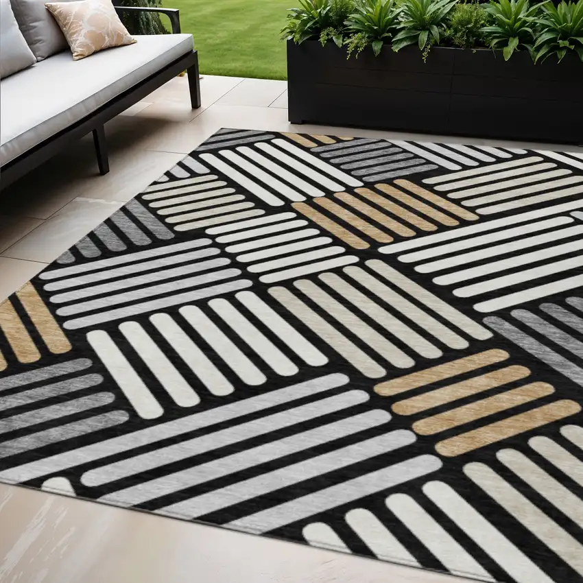 Black Beige And Ivory Geometric Washable Indoor Outdoor Area Rug Photo 1