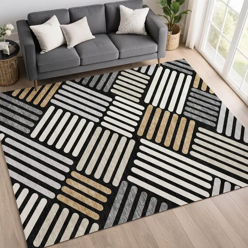 Black Beige And Ivory Geometric Washable Indoor Outdoor Area Rug Photo 9