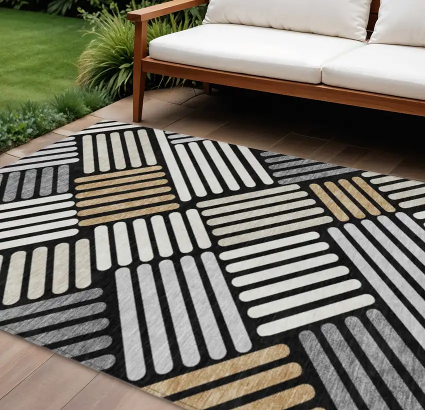 Black Beige And Ivory Geometric Washable Indoor Outdoor Area Rug Photo 1