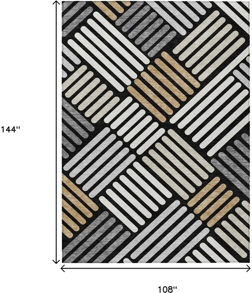 Black Beige And Ivory Geometric Washable Indoor Outdoor Area Rug Photo 3