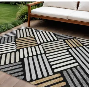 Photo of Black Beige And Ivory Geometric Washable Indoor Outdoor Area Rug