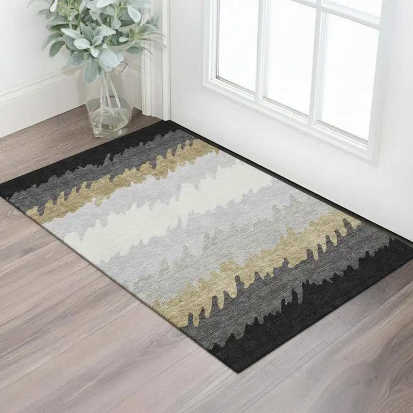 Black Beige And Silver Striped Washable Area Rug With UV Protection Photo 1