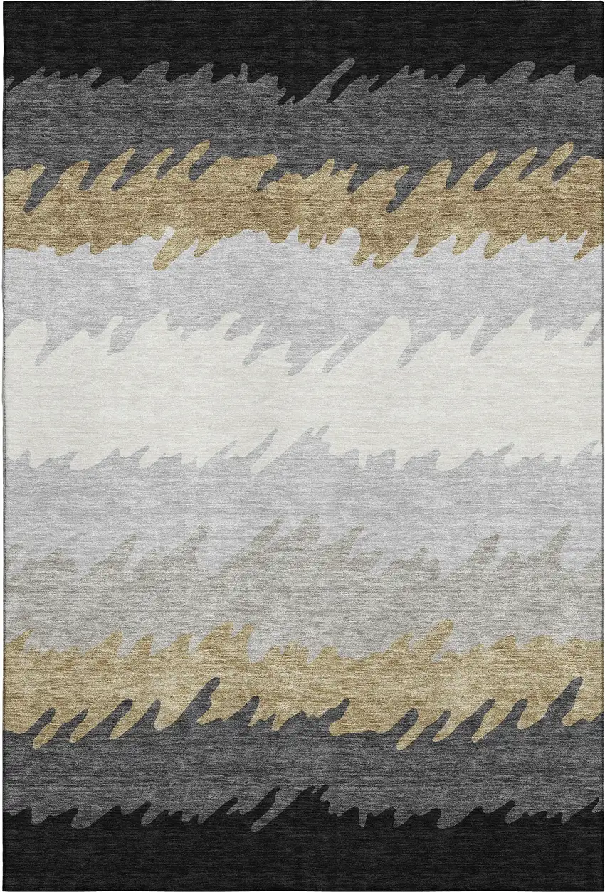 Black Beige And Silver Striped Washable Area Rug With UV Protection Photo 6