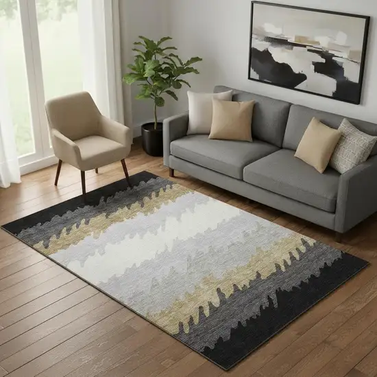 Black Beige And Silver Striped Washable Area Rug With UV Protection Photo 1