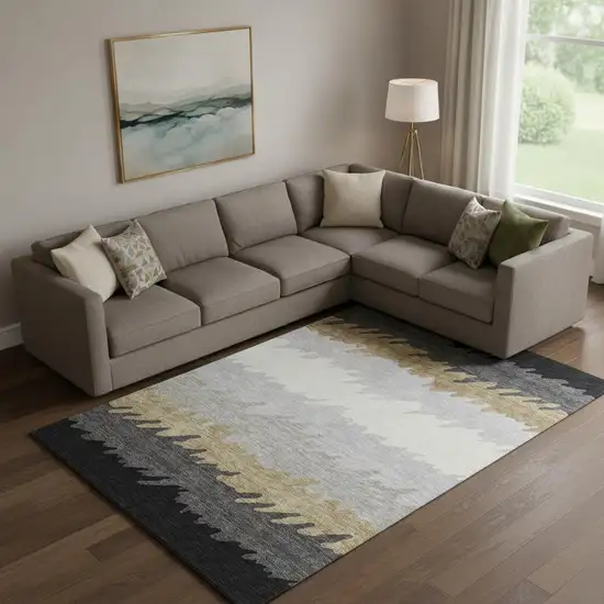 Black Beige And Silver Striped Washable Area Rug With UV Protection Photo 1