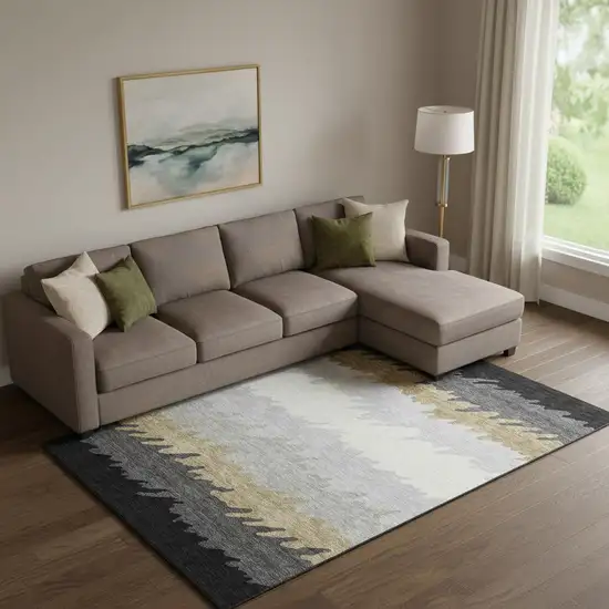 Black Beige And Silver Striped Washable Area Rug With UV Protection Photo 1