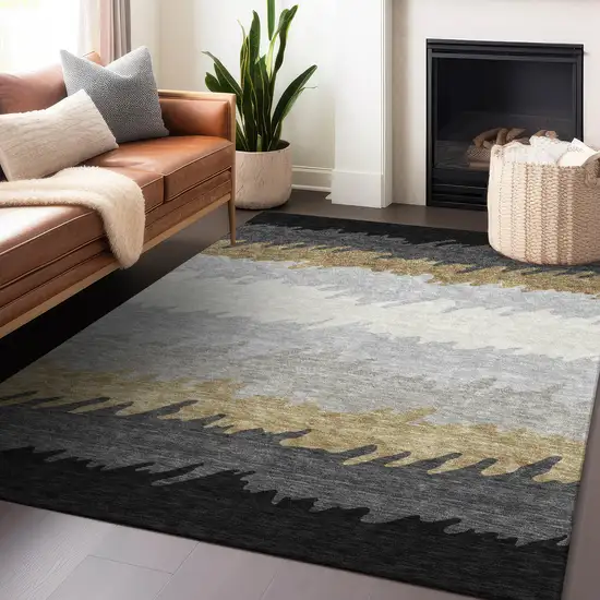 Black Beige And Silver Striped Washable Area Rug With UV Protection Photo 5