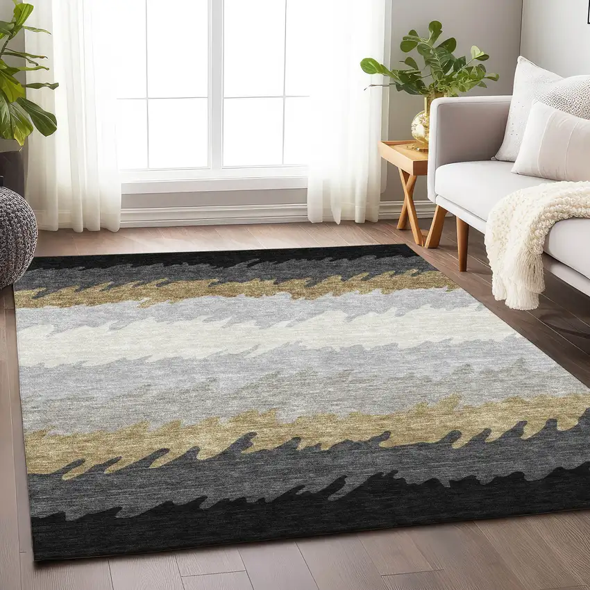 Black Beige And Silver Striped Washable Area Rug With UV Protection Photo 4