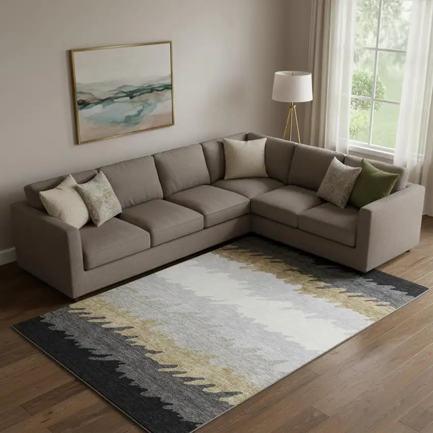 Black Beige And Silver Striped Washable Area Rug With UV Protection Photo 1