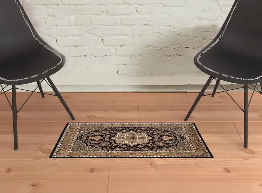 Black Beige Machine Woven Floral Medallion Indoor Accent Rug Photo 6