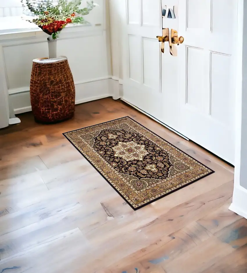 Beige And Black Floral Medallion Area Rug Photo 1