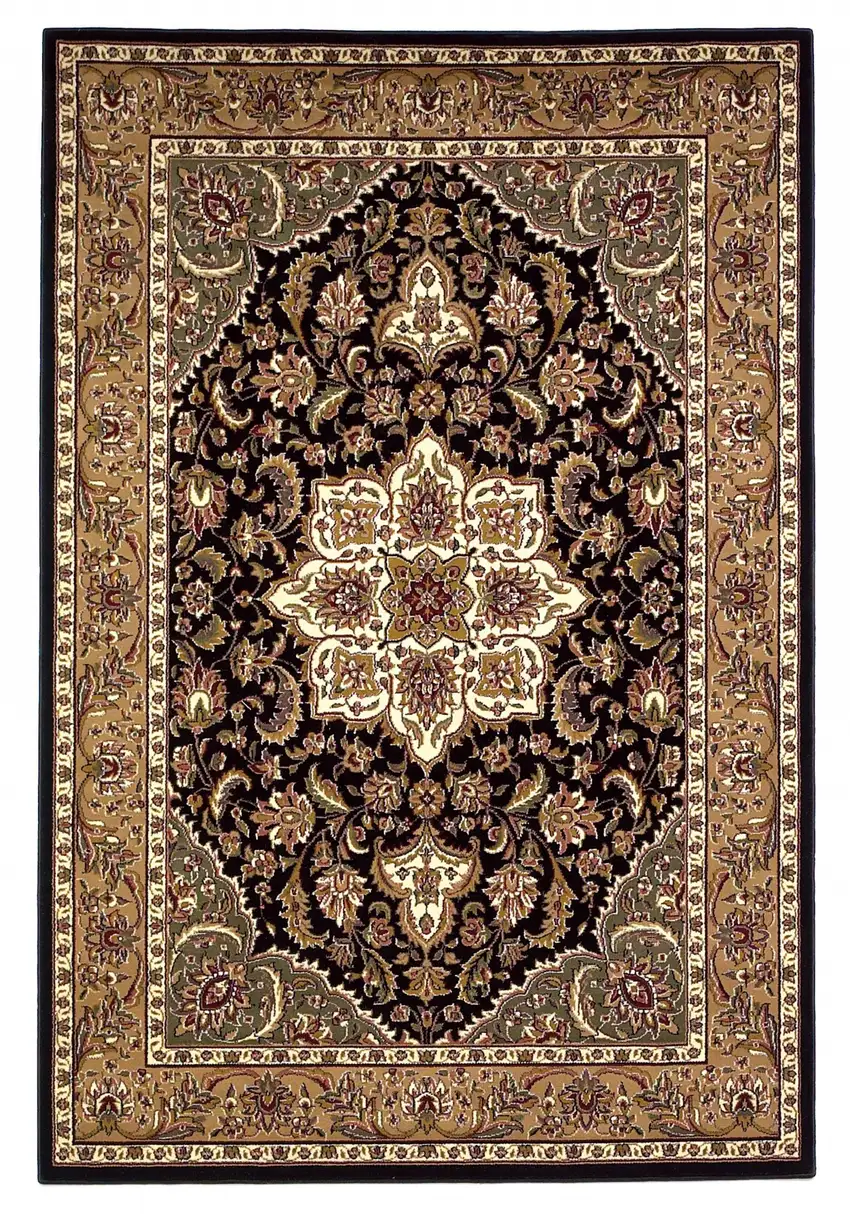 Black Beige Machine Woven Floral Medallion Indoor Accent Rug Photo 1