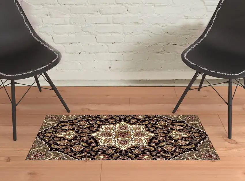 2'X3' Black Beige Machine Woven Floral Medallion Indoor Accent Rug Photo 2