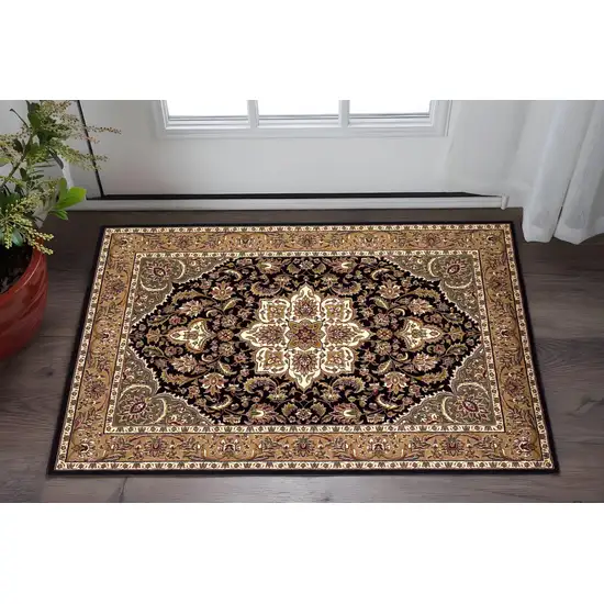Black And Beige Floral Medallion Area Rug Photo 1