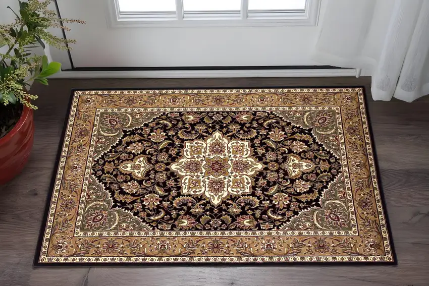 Black And Beige Floral Medallion Area Rug Photo 1