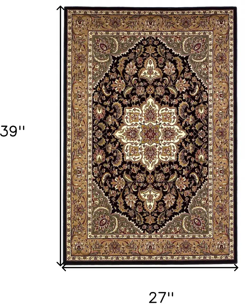 2'X3' Black Beige Machine Woven Floral Medallion Indoor Accent Rug Photo 9