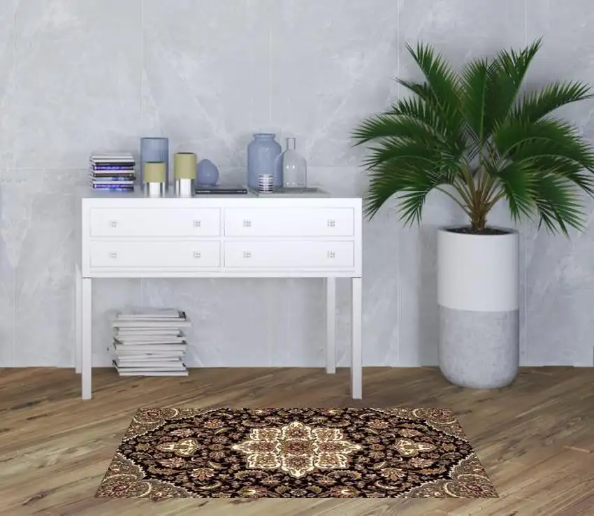 3'X5' Black Beige Machine Woven Floral Medallion Indoor Area Rug Photo 2