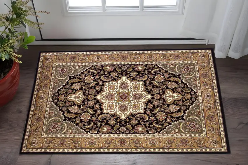 Black And Beige Floral Medallion Area Rug Photo 1